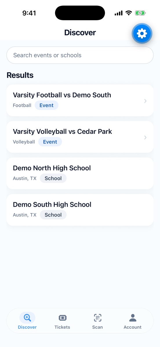 Discover screen listing events and schools