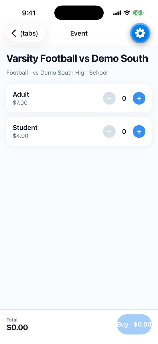Event screen with adult and student ticket quantities
