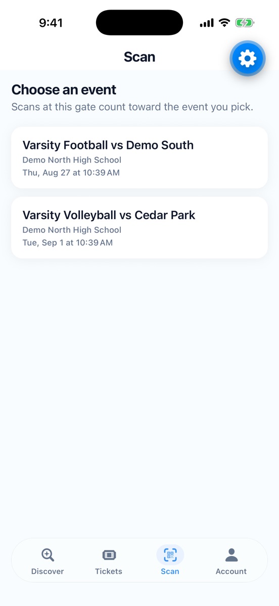 Scan screen asking staff to choose an event