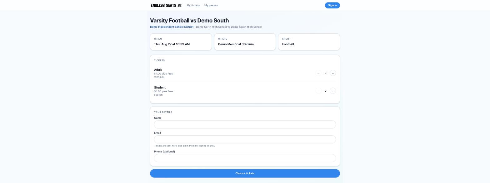 Event page with ticket types, buyer details, and checkout